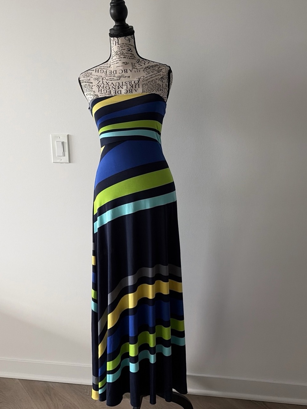 Fire Los Angeles Strapless Maxi Dress in Navy, Blue, Lime & Aqua
